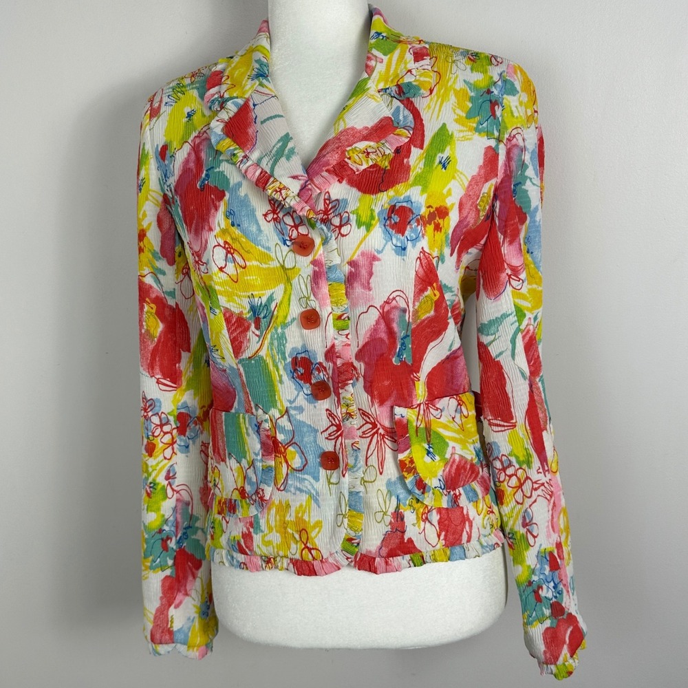 Vintage Joseph Ribkoff Canada Floral Ruffle Blzer Jacket Womens Size 6 Crinkle